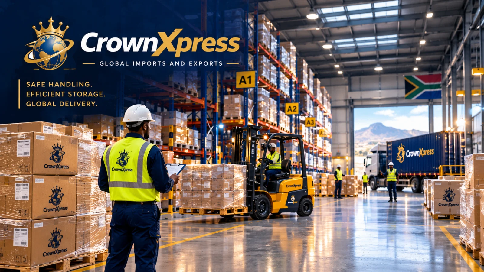 A CrownXpress team member with a clipboard in a warehouse, a forklift moving wrapped pallets and a container truck at the loading door