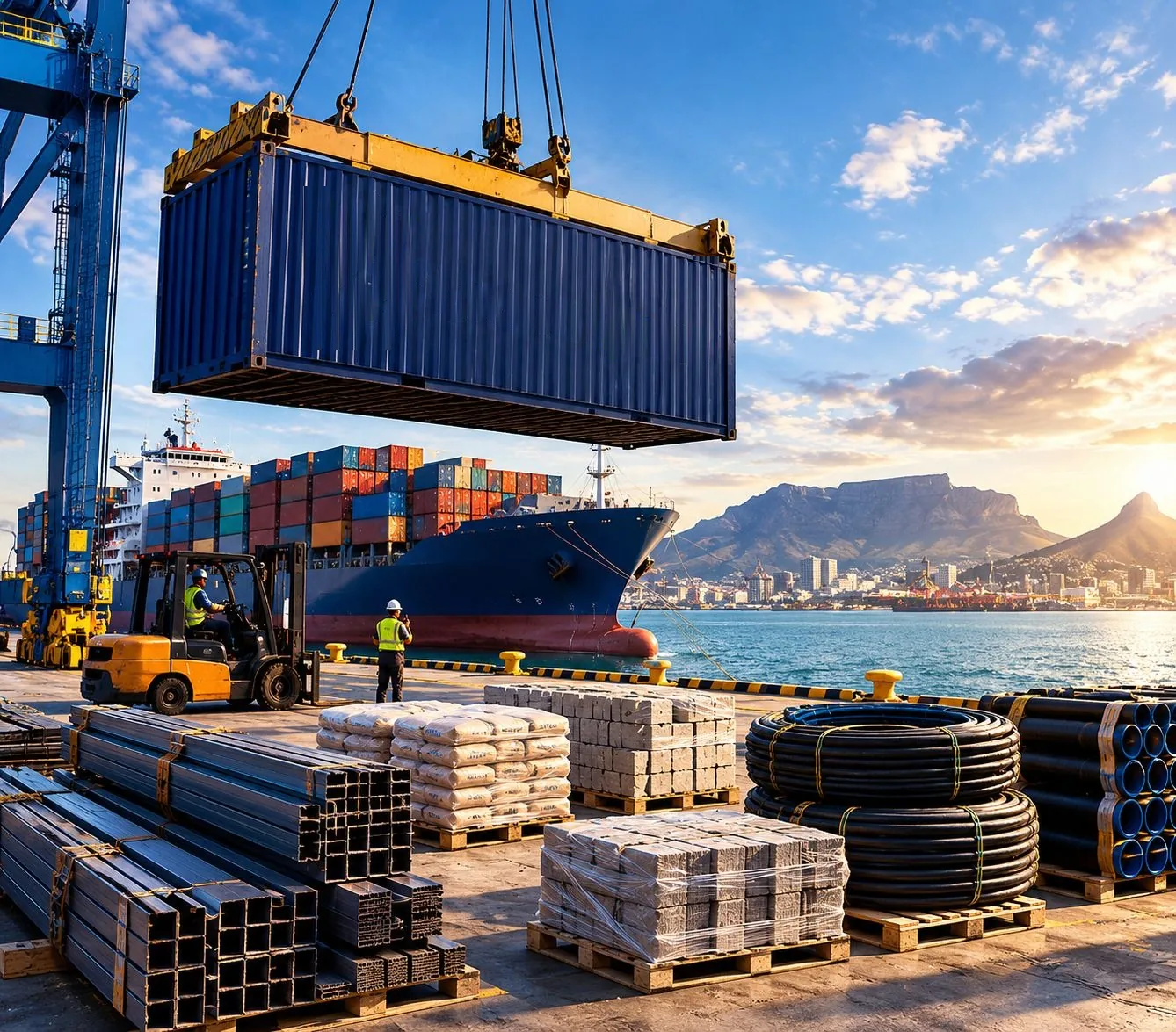 A navy shipping container lifted by crane at Cape Town port, with steel, cement, bricks and pipes on the quay