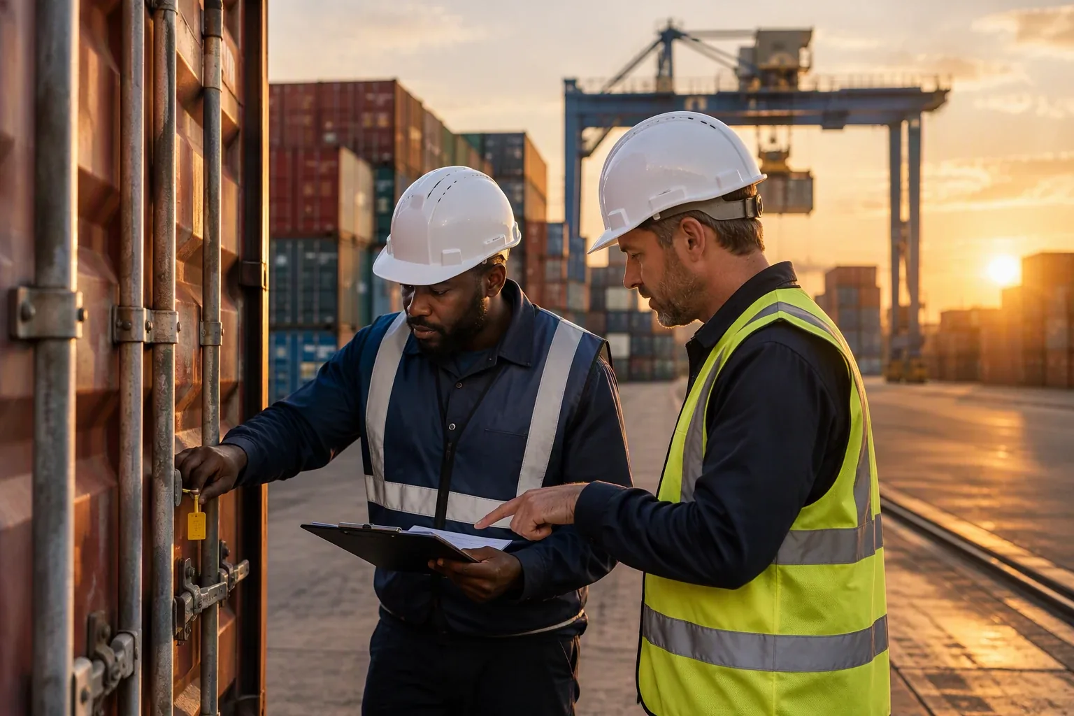 Two port workers in hard hats checking a container seal with a clipboard