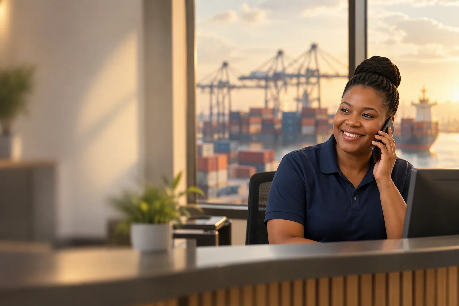 A CrownXpress team member on the phone at an office desk overlooking the port