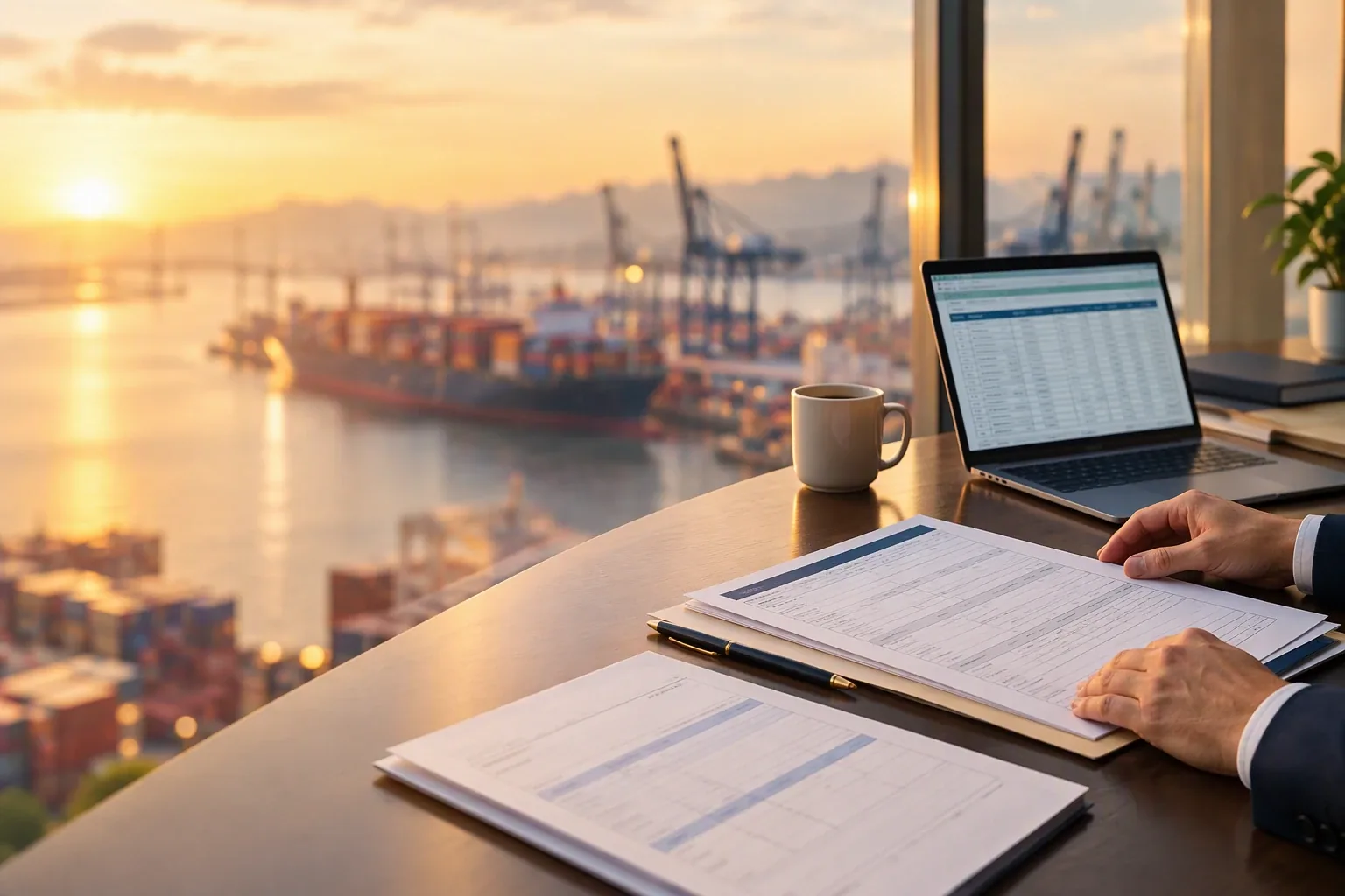 Customs and shipping documents on a desk overlooking a port at sunrise