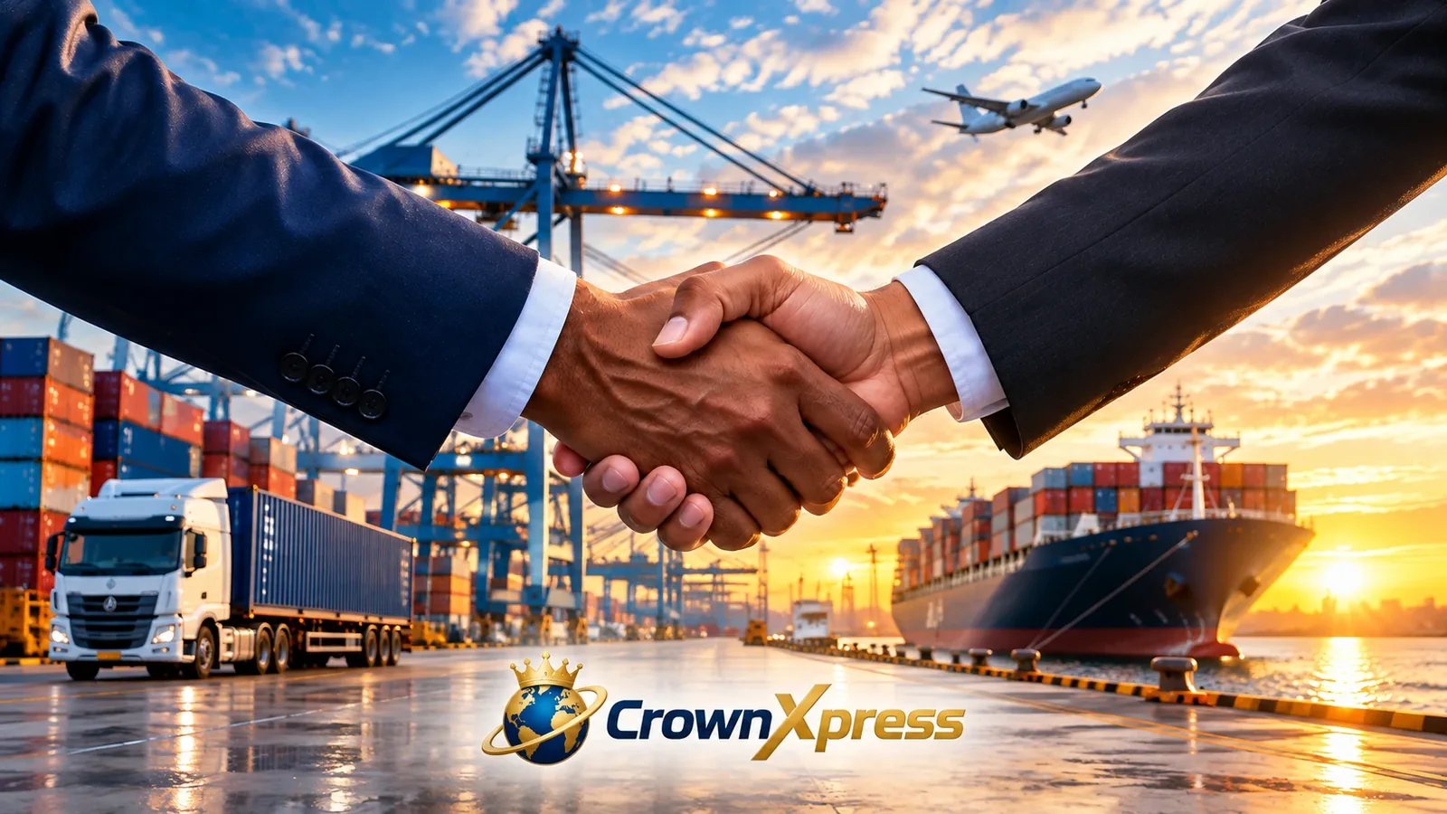 A business handshake at a port with a truck, cranes, a ship and a plane, and the CrownXpress logo