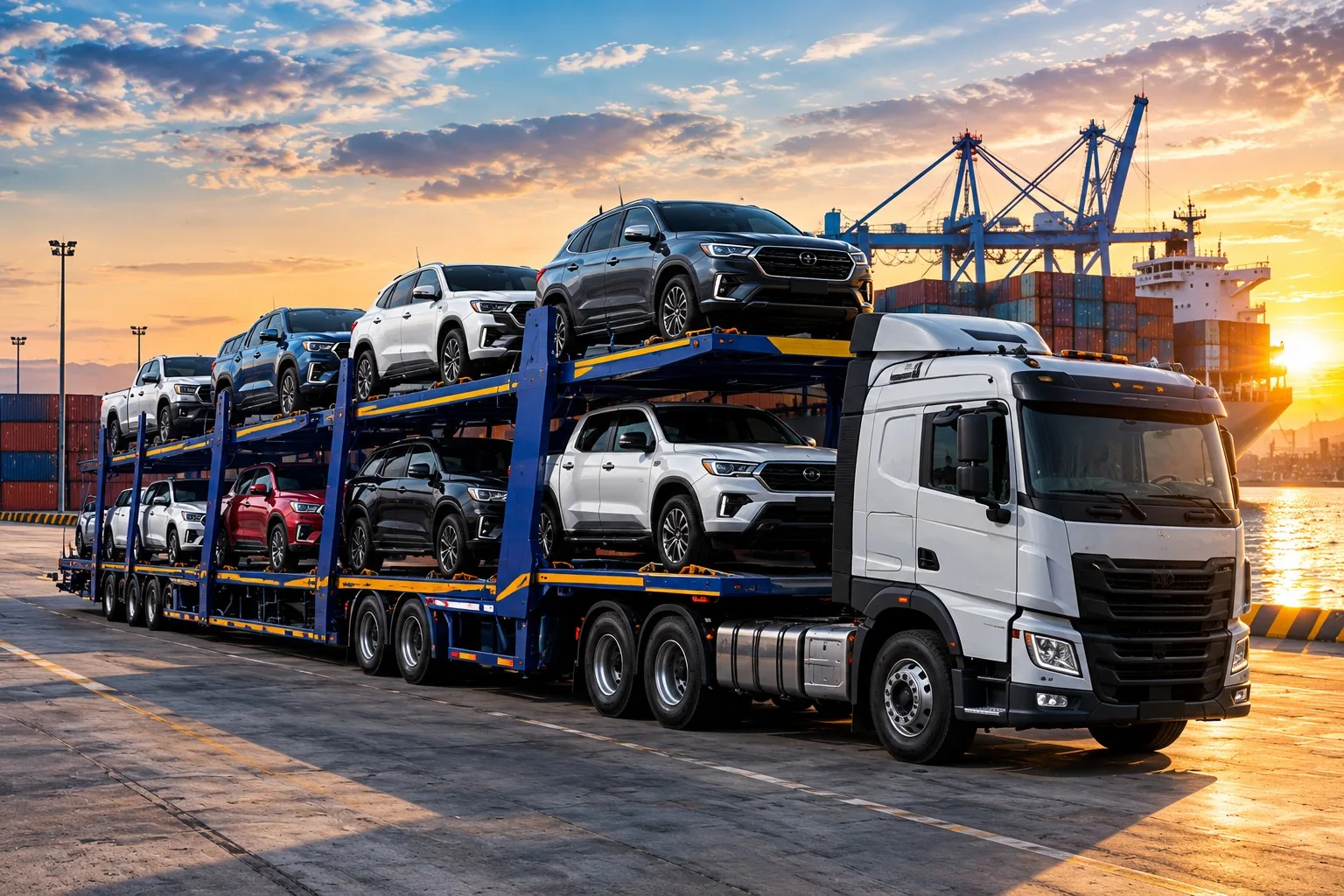 A car-carrier truck loaded with SUVs and bakkies at a port