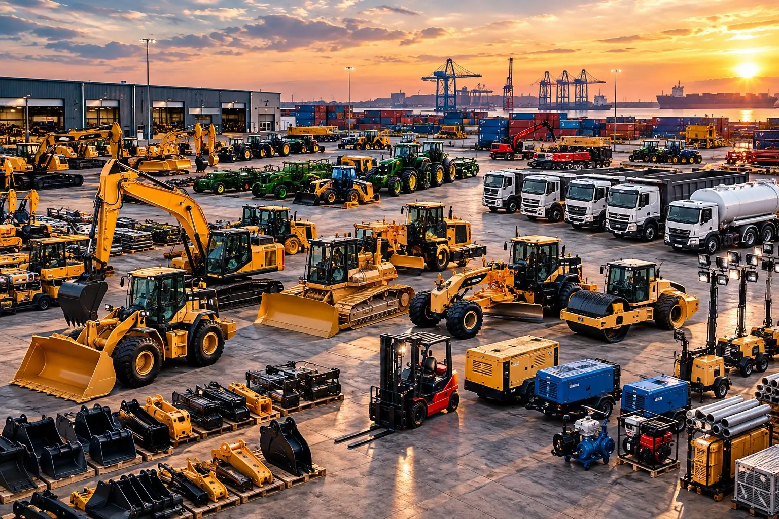 A yard of excavators, loaders, tractors, trucks, forklifts and generators at a port