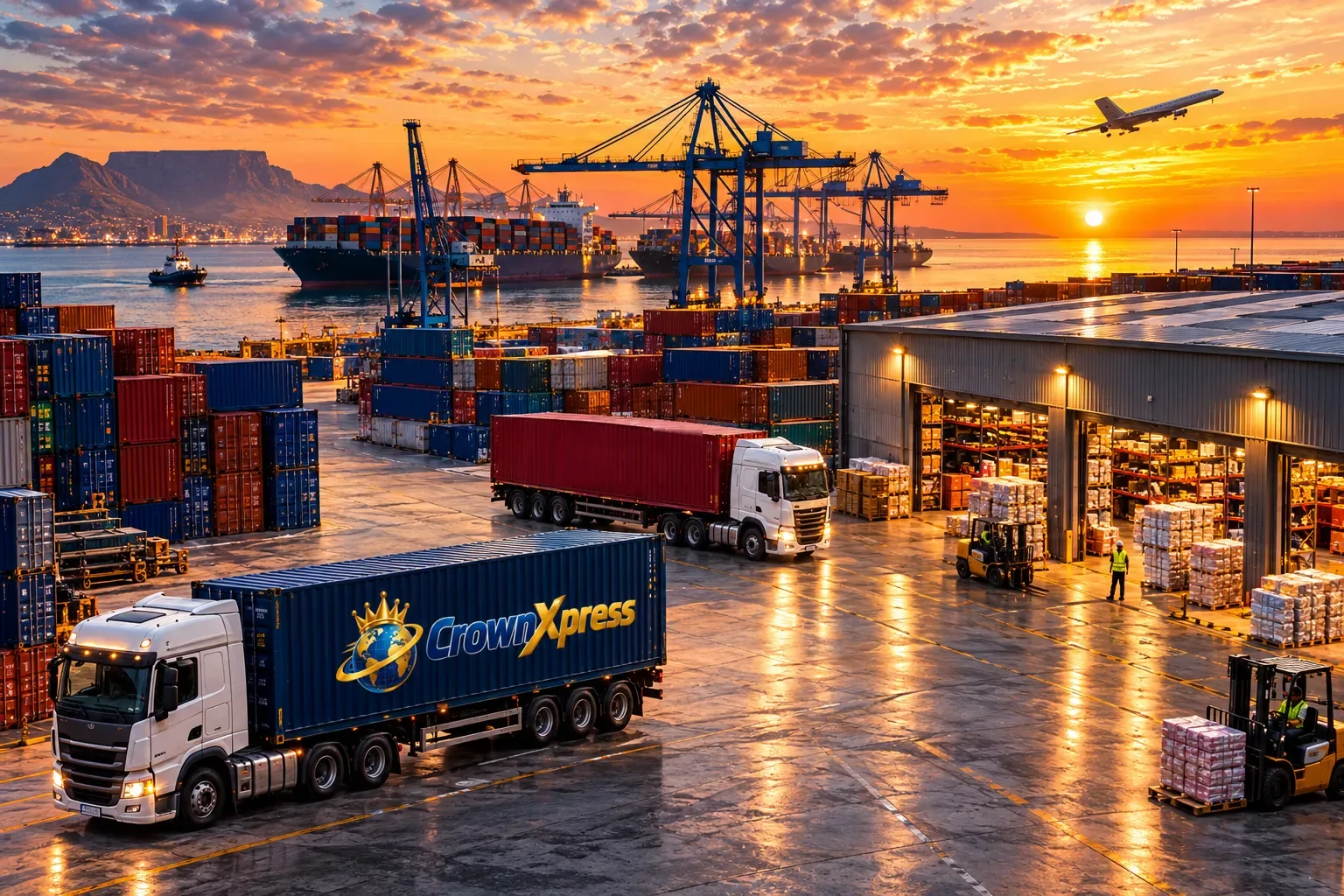 A CrownXpress container truck and a second container truck at a port warehouse at sunset