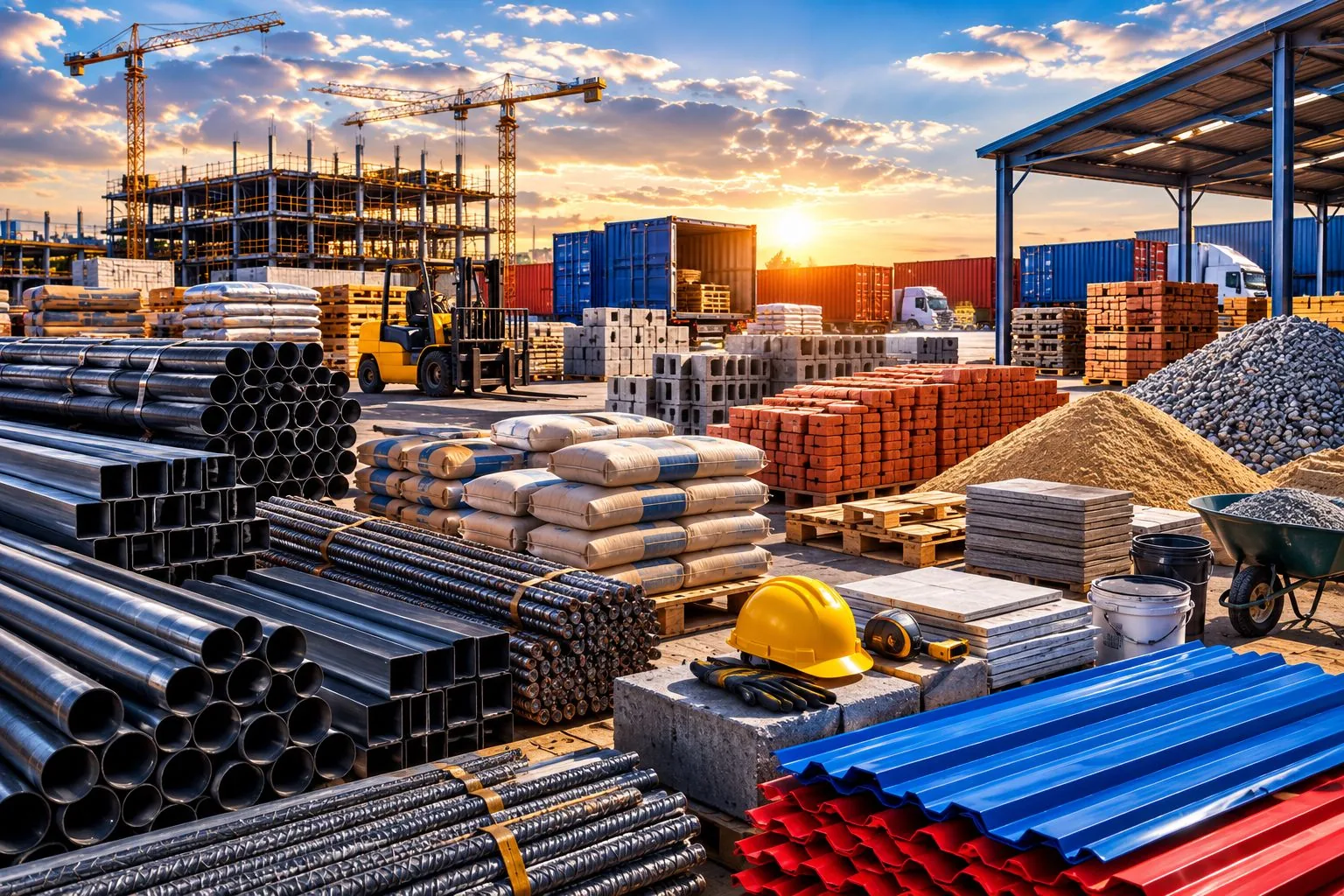 Steel pipes, rebar, cement bags, bricks and roofing sheets in a building materials yard