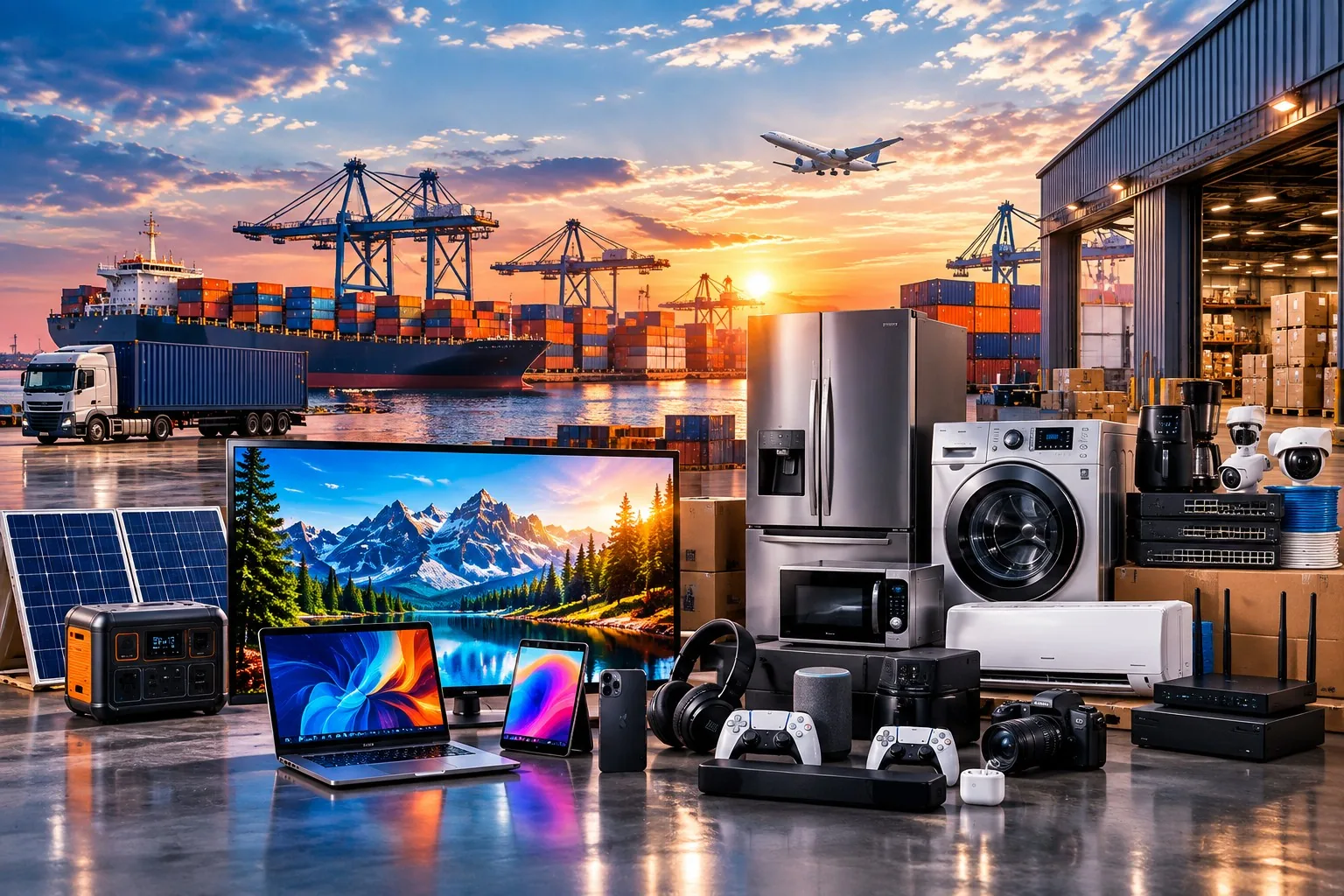 TVs, laptops, fridges, washing machines, solar panels and cameras in front of a port