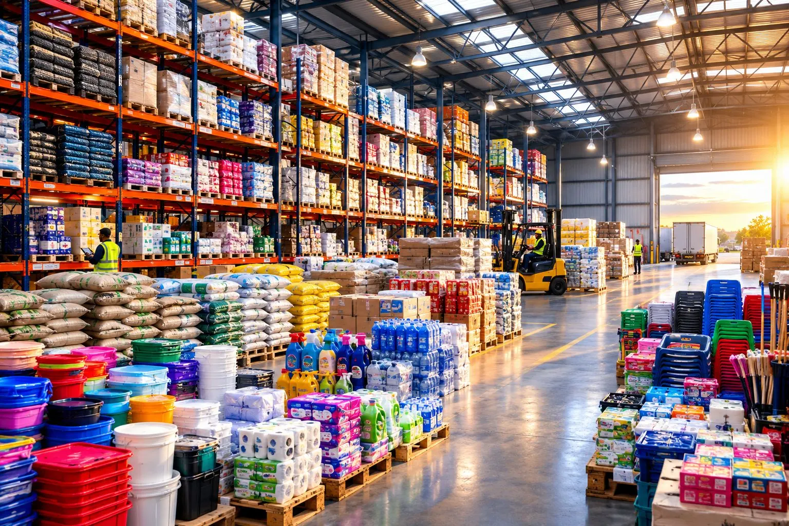 A warehouse stocked with pallets of mixed consumer goods
