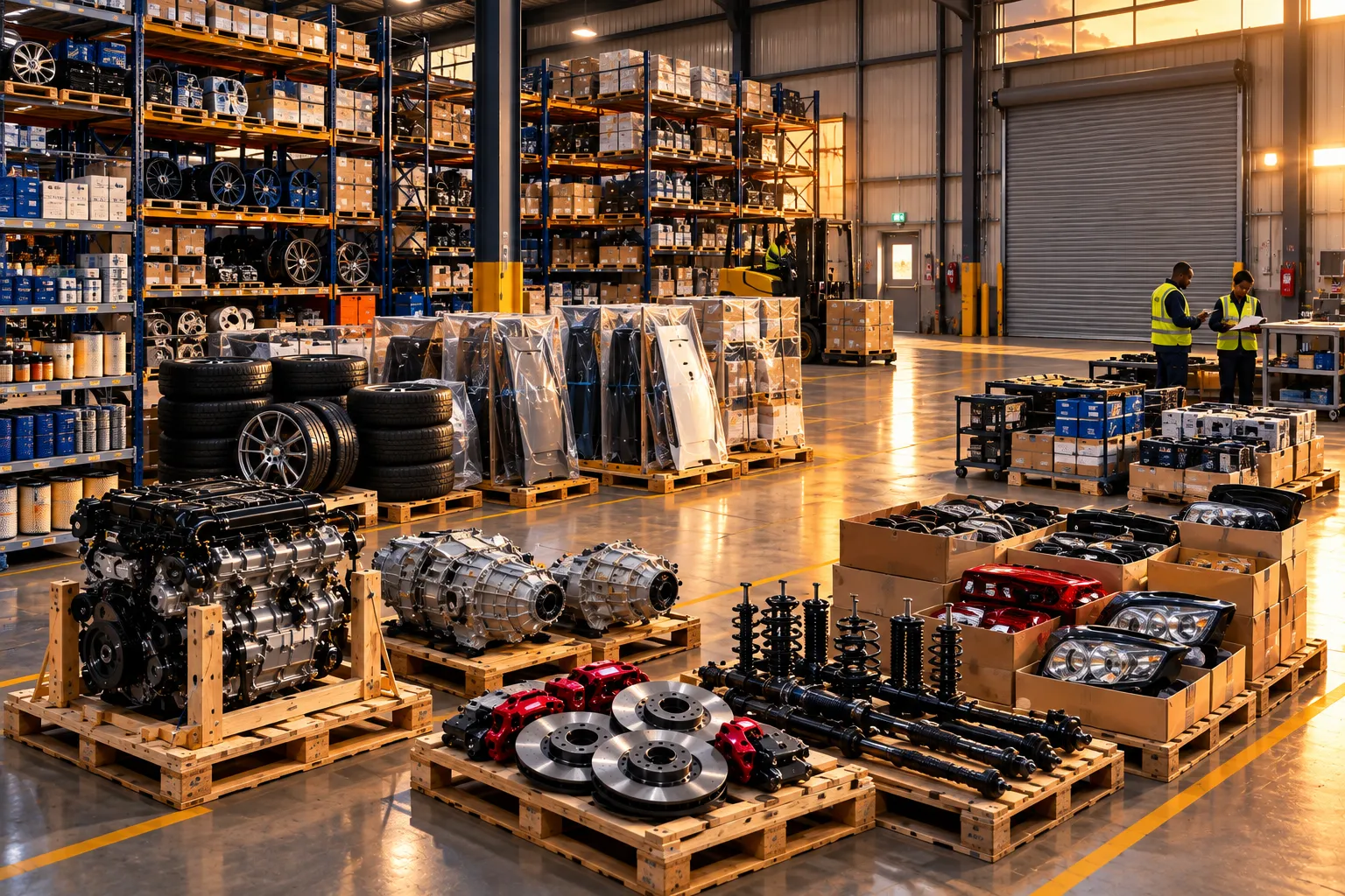 A crated engine, gearboxes, brake discs and callipers, shock absorbers, headlights, tyres, rims and shrink-wrapped body panels on pallets in an automotive parts warehouse at sunset