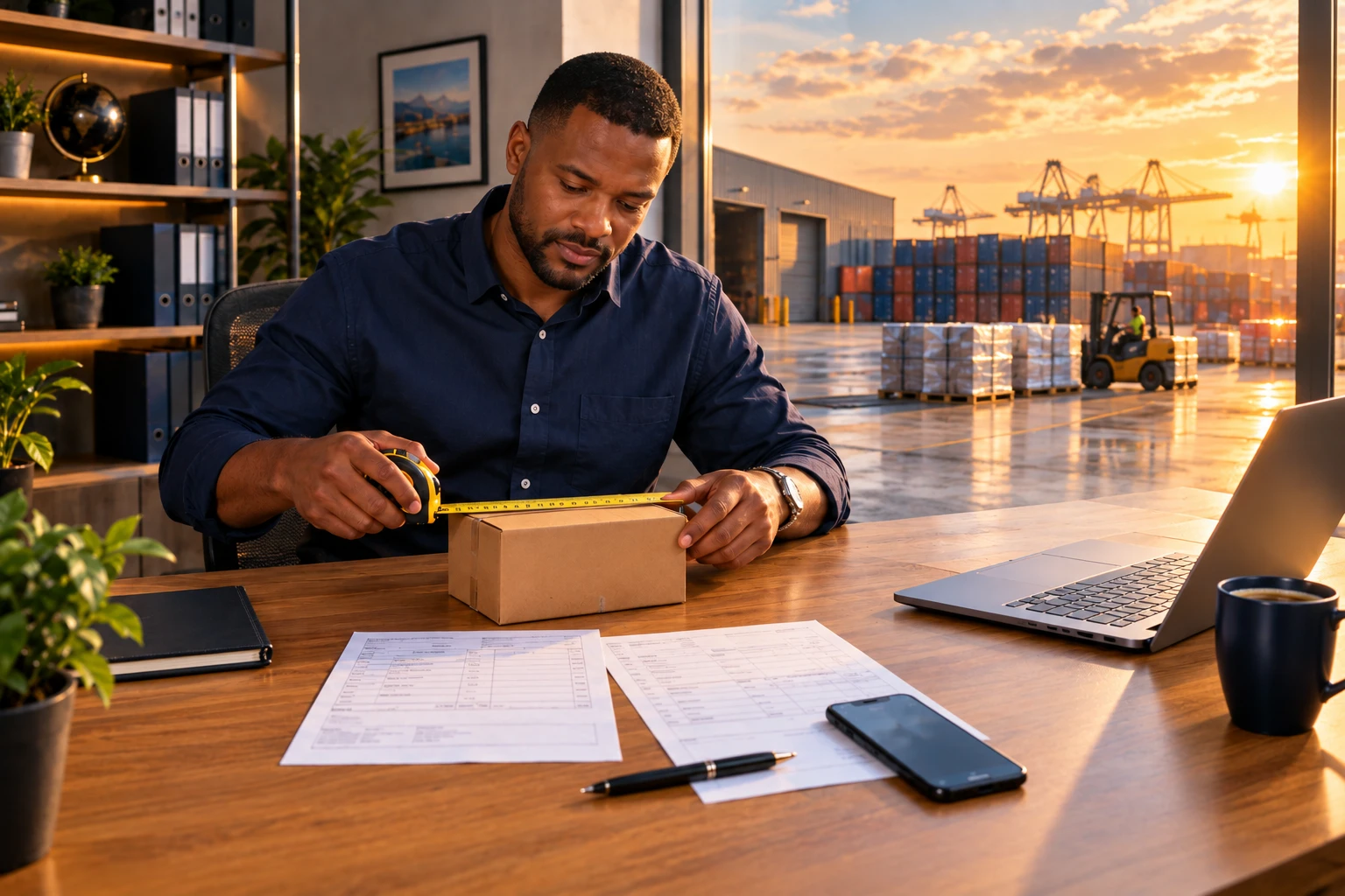 A business owner measuring a small box with a tape measure at an office desk with an invoice, packing list, phone and laptop, with a port yard and cranes at sunset through the window