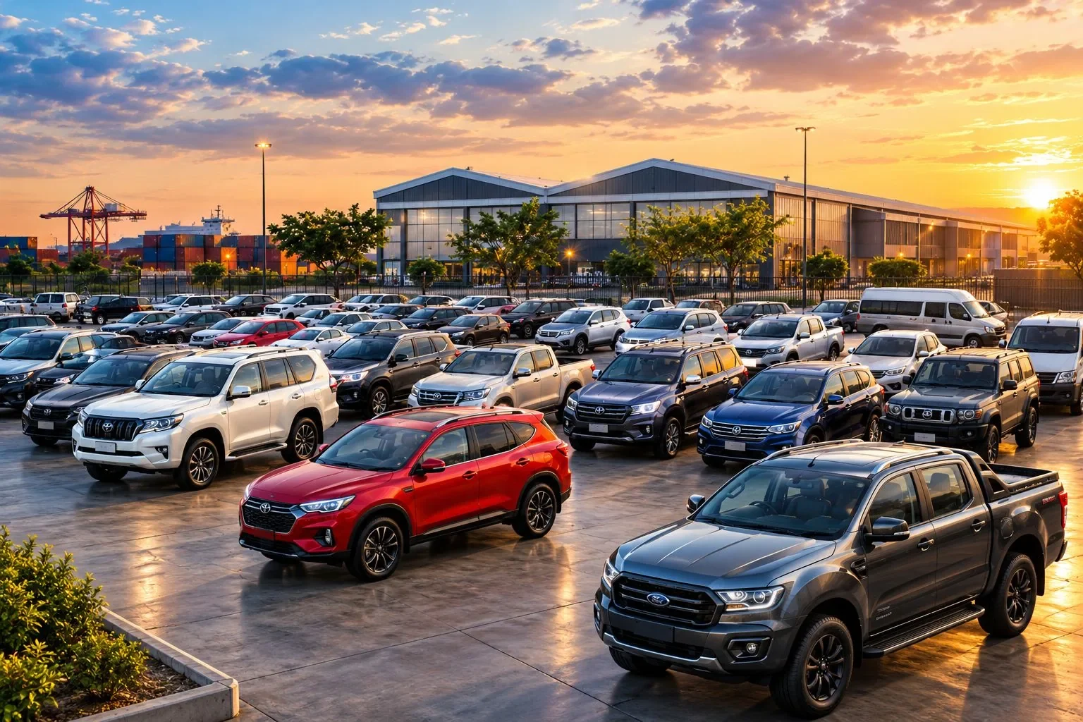 A yard of SUVs, bakkies and minibuses outside a warehouse near the port